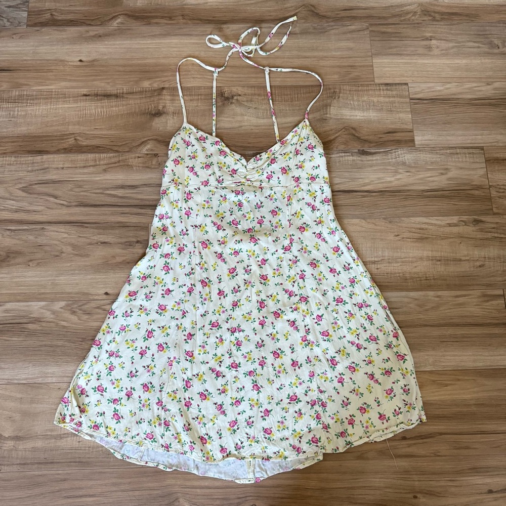Zara Cream and Pink Floral Mini Dress with Spaghetti Straps size XL
